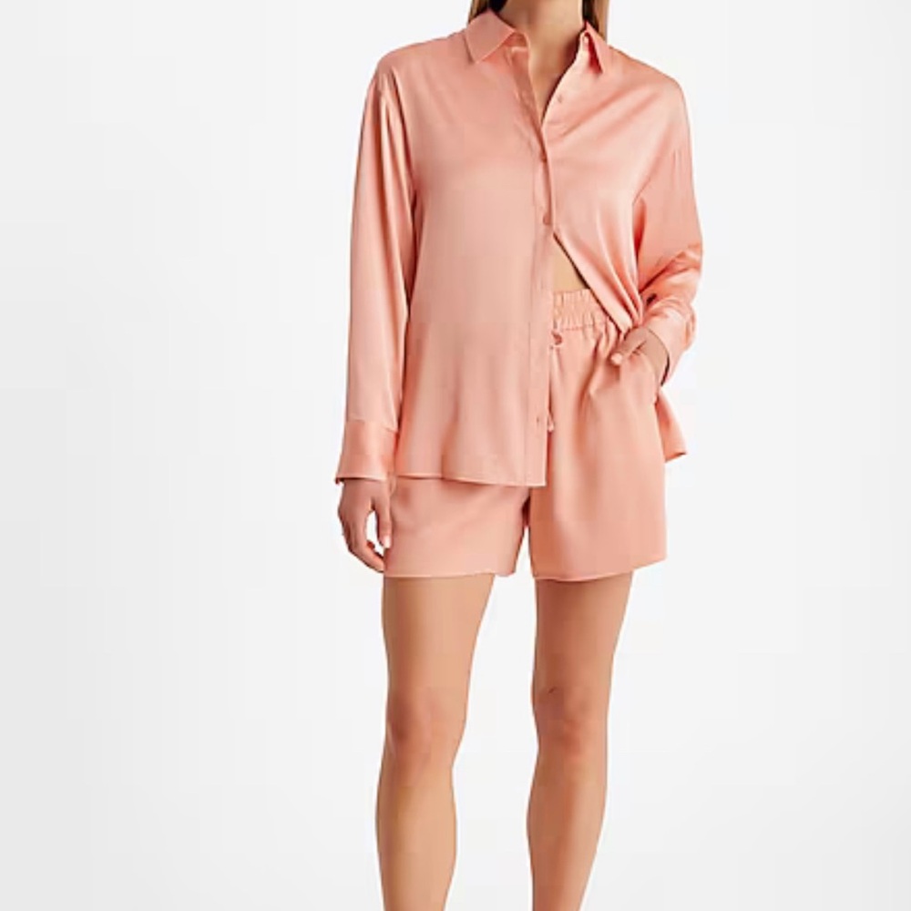 Express NWT Satin boyfriend portofino shirt with satin high waisted midi shorts